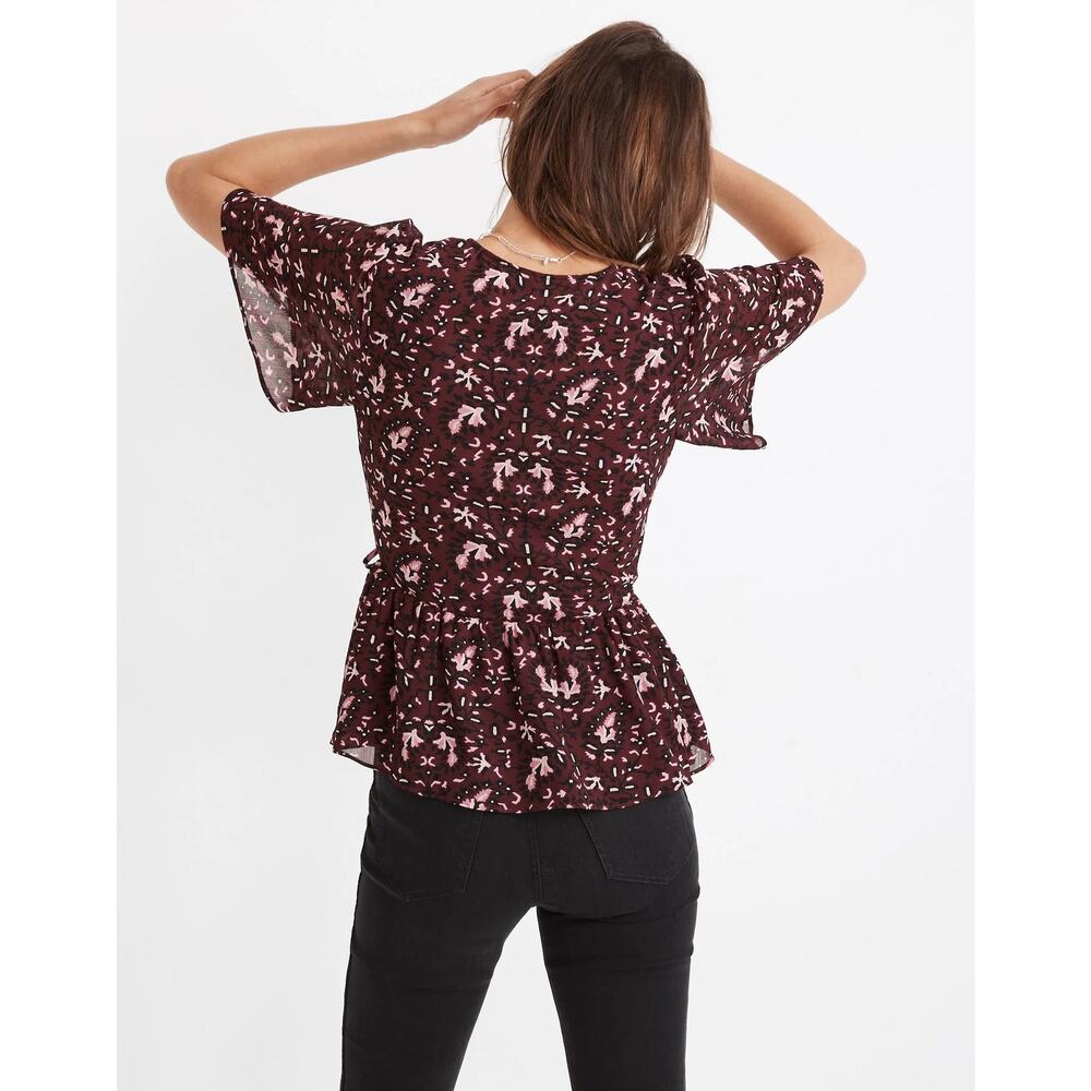 Madewell Georgette Flutter-Sleeve Peplum Paisley Dark Fig Top Size XS🍷✨ 🍂 - Picture 2 of 12